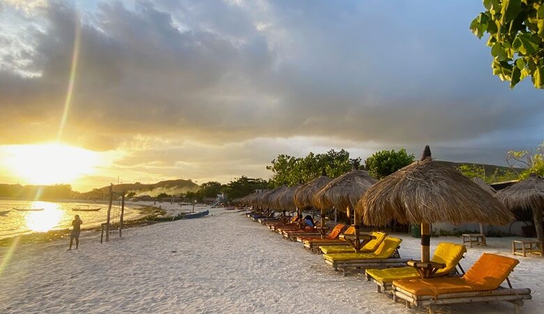 Sunset and beach loungers at Tanjung Aan Lombok